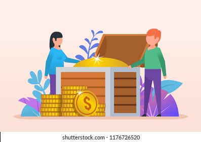 People stand near big treasure chest. Man and woman stare at golden coins. Rich, wealth. Business poster, card for presentation, social media, banner, web page. Flat design vector illustration