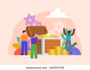 People stand near big treasure chest, coins. Wealth, become rich concept. Poster for social media, web page, banner, presentation. Flat design vector illustration