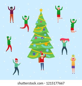 People stand near Christmas tree showing various actions, poses. New year, Christmas celebration. Poster for web page, social media, banner, presentation. Flat design vector illustration