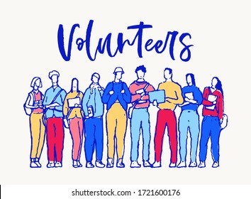 People stand near each other in a spirit of togetherness, volunteers, vector illustration, hand drawn, sketch