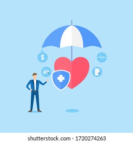 People stand near health insurance contract.Health care concept. Health insurance contract is under the umbrella. vector illustration about health