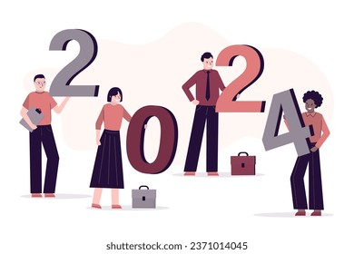 People stand with numbers. Strategic planning of actions in new year 2024, setting business goals, overcoming obstacles and achieve success, vision of future business or career development in 2024.