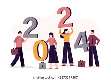 People stand with numbers. Strategic planning of business in new year 2024, setting business goals, overcoming obstacles and achieve success, vision of future career development in 2024. flat vector
