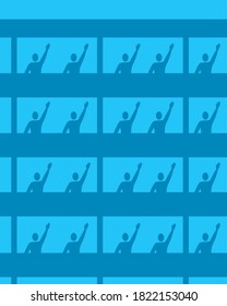 People stand on balconies at night. Silhouettes neighbors are visible through light of windows. Friends, families greet hand up gesture. Concept of social isolation.Vector illustration pattern