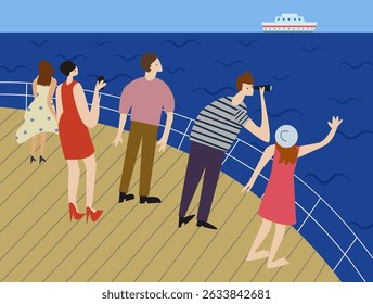 People stand on the deck and greet the ship