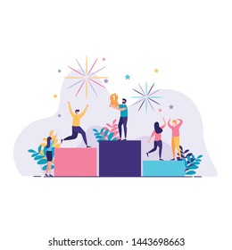 People Stand On The First Podium Vector Illustration. Success People. People Vector Illustration. Landing Page Illustration Design