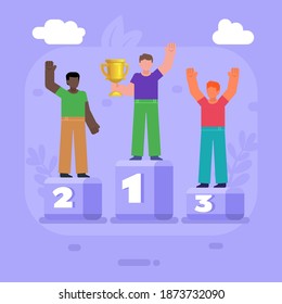 People stand on pedestal, award ceremony, win, victory celebration. Modern vector illustration