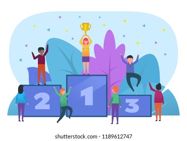 People stand on pedestal, victory celebration, sport or business awards ceremony. Poster for presentation, web page, banner, social media. Flat design vector illustration