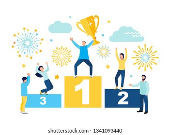 People stand on the podium first, second and third place. Best winner prize.
People are happy about the deal.
Flat style illustration for social networking, web site, mobile web graphics. Vector