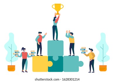 people stand on the podium first, second and third place. best score winner prize, vector flat design style