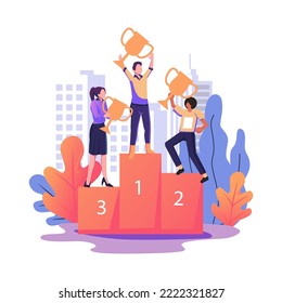 People stand on the podium first second and third place best score