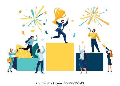 People stand on the podium first, second and third place. The best result is the winner, a prize. Sports, teamwork. Businessman with golden victory cup. Financial success, poster. Vector illustration