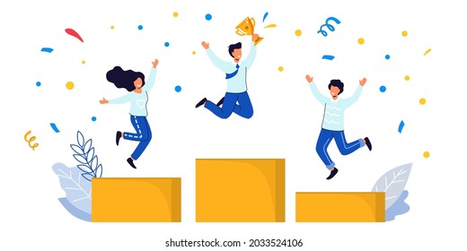 People stand on the podium Goal achievement Successful businessmen Progress and career ladder Male and female characters Vector illustration Best winner prize. People are happy about the deal