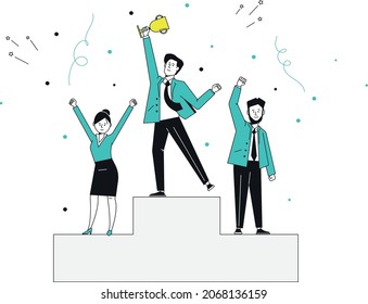 People stand on podium. Ranking competition rewarding