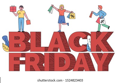 People stand on red letters with promotion. Black friday sale in stores and shops. Good offers and discounts on products, best prices. Men and women with shopping bags. Vector labels for advertising
