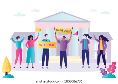 People stand with placards and welcomes freshman. Back to college or university. Group of students stands in front of varsity. Concept of higher education institution, academy.Flat vector illustration