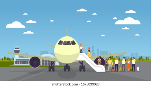 Gente parada en el avión en la fila. Embarque en el avión. Idea de transporte aéreo. Ilustración vectorial plana