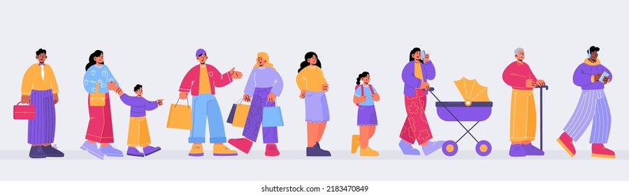 People stand in queue, diverse characters waiting in line at atm, airport registration, shopping mall, store or supermarket cashier desk. Men, women, children queuing Line art flat vector illustration