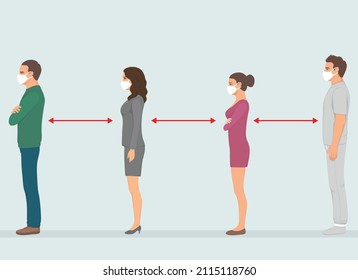 people stand queue. Full length of cartoon sick people in medical masks standing in line against at a safe distance. flat vector illustration