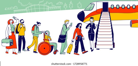 People Stand in Queue on Plane in Airport. Characters Boarding on Airplane. Travelers Going to Aircraft, Passengers and Stewardess Stand at Jet Ladder to Board for Travel. Linear Vector Illustration