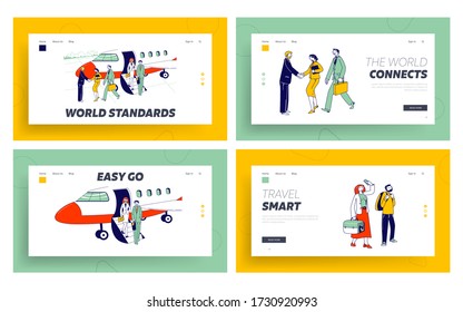 People Stand in Queue on Plane in Airport, Business Travel Landing Page Template Set. Travelers Characters Going to Aircraft, Businesspeople Meeting and Handshake. Linear People Vector Illustration