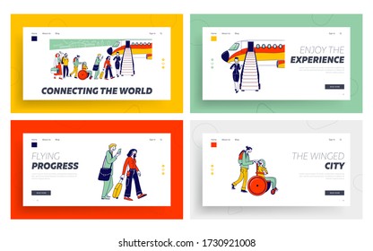 People Stand in Queue on Plane in Airport Landing Page Template Set. Characters Boarding on Airplane. Travelers Go to Aircraft Passengers and Stewardess Stand at Jet Ladder. Linear Vector Illustration