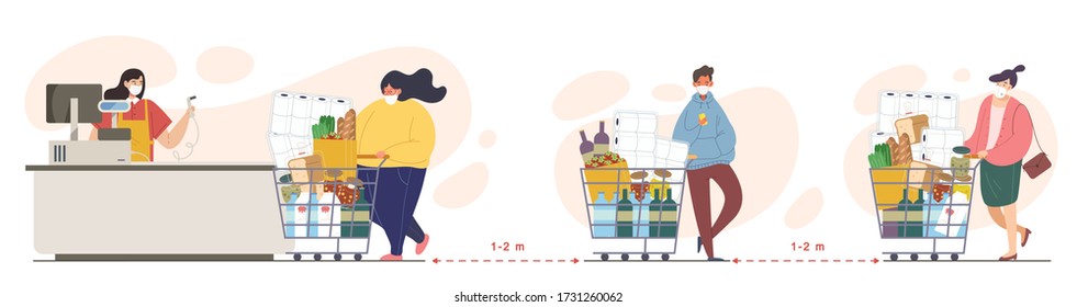 People are stand in a queue to pay at cashier, Concept of social distancing at supermarket, making space between to prevent COVID-19 virus contagion. Flat style vector illustration cartoon character.