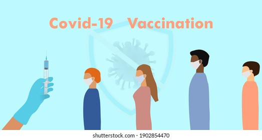 La gente hace cola para la vacunación. Banner horizontal web con la mano sujetando la jeringa médica con la vacuna.Signo de virus. Prevención de enfermedades Covid - 19. Ilustración vectorial de material sobre el balde aislado azul