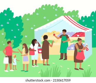 People stand in queue at the vegetable stall. An elderly woman puts the purchased vegetables in her bag. A woman chooses fruit from a seller. Flat vector illustration.
