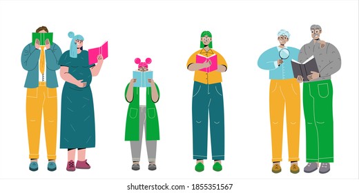 people stand and read books. a flat set. an elderly couple reads through a magnifying glass, a pregnant woman, a man, a child and a woman enthusiastically read books
