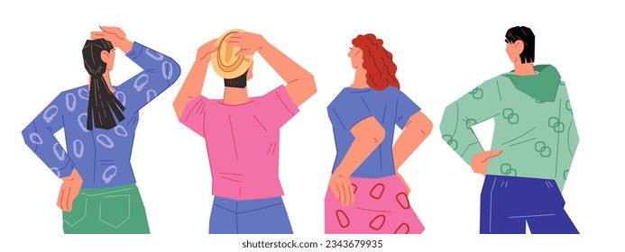 People stand in row back view, flat vector illustration isolated on white background. Rear view of people looking at something.