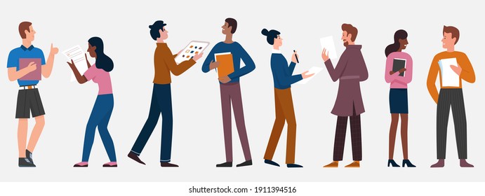 People stand in row vector illustration set. Cartoon young man and woman characters standing and talking, office workers holding paper documents and books, discussing work tasks isolated on white