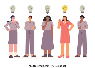 people stand side by side They have their own light bulbs above their heads. A woman lit a light bulb above her head. flat vector illustration.