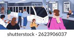 People stand, sit on bench in underground. Passengers of subway are on metro station. Crowd is waiting of train arrivals on platform. Railroad public transport in city. Flat vector illustration