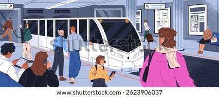 People stand, sit on bench in underground. Passengers of subway are on metro station. Crowd is waiting of train arrivals on platform. Railroad public transport in city. Flat vector illustration