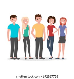 People stand and smile. Free style of clothes. A close-knit team of men and women, friends, buddies. Vector illustration