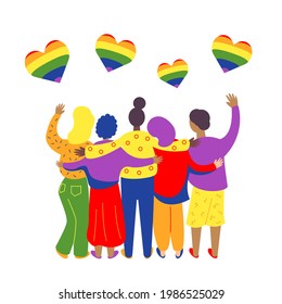 People stand with their backs in an embrace. LGBT Pride Month. Vector stock illustration. 