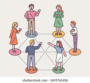 People stand in their own circles and are spaced apart from each other. flat design style minimal vector illustration.