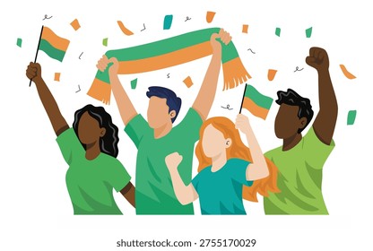 People stand together with flags, showing support for a sports team. They raise their fists and smile as confetti falls around them in a lively atmosphere.