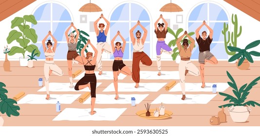 People stand in tree pose in yoga class. Men and women are training, practice physical exercises with coach together. Group sports workout with trainer, instructor in gym. Flat vector illustration