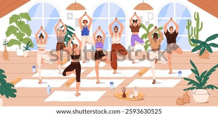 People stand in tree pose in yoga class. Men and women are training, practice physical exercises with coach together. Group sports workout with trainer, instructor in gym. Flat vector illustration