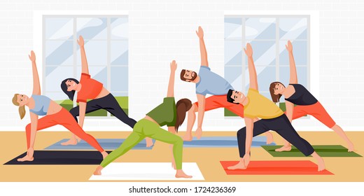 People stand in triangle pose trikonasana. Women and men practicing yoga and meditation with instructor in studio. Vector flat cartoon characters illustration. Active lifestyle, fitness and yoga class