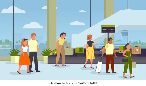 People standing in airport at baggage conveyor to take their suitcase. Baggage security scan control. Airport interior. Flat illustration
