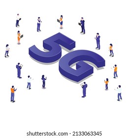 People standing around 5G network using their gadget online isometric 3d vector concept for banner, website, illustration, landing page, flyer, etc.