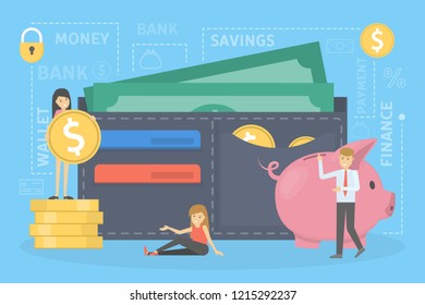 People standing around big wallet. Idea of personal finance. Money inside, coin and banknote. Earnings and budget metaphor. Flat vector illustration