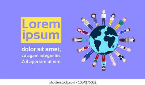 People Standing Around Globe Over Background With Copy Space Earth Day Concept, vector de stoc