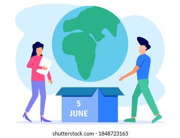 People standing around the globe supporting the movement to protect the earth. Big earth in the background. The concept of saving the environment and caring for Earth's day nature