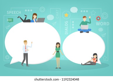 People standing around two big speech bubble. Metaphor of chat and communication, dialog with colleguae. White balloon or cloud for text. Vector flat illustration