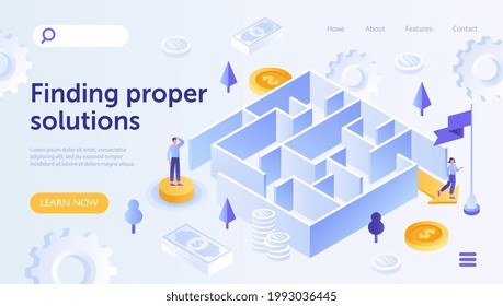 People standing at arrow laid through the maze and leading to finish. Search for right solution concept, business problem solving. Modern isometric vector illustration. Website, landing page template