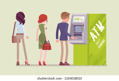 People standing in ATM line. Queue near automated teller machine, waiting for banking services, electronic outlet, customers complete basic transactions using contemporary gadget. Vector illustration
